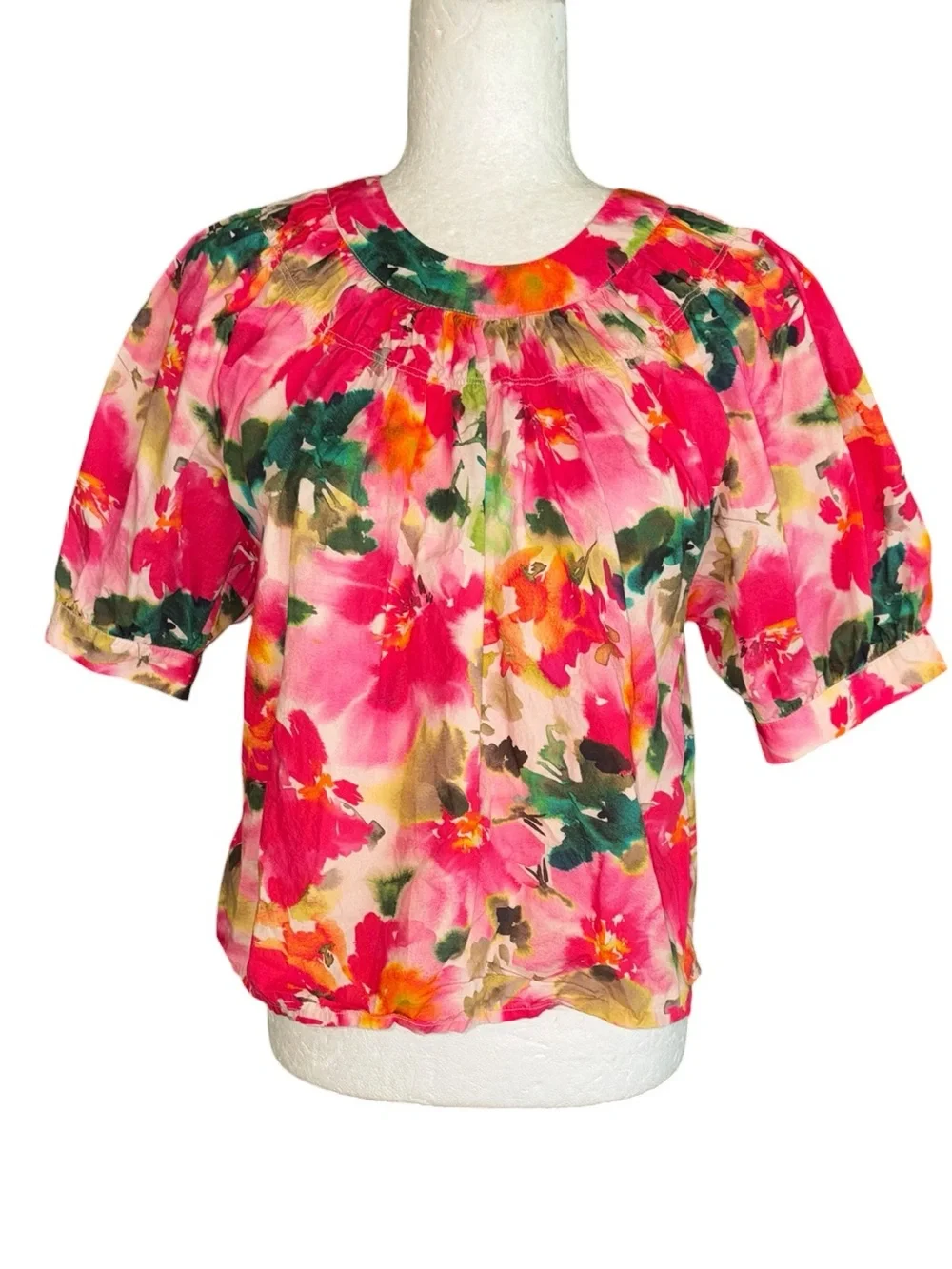 LN J. Crew Smock Neck Puff Sleeve Top in Floral Cotton Poplin - S